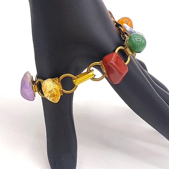 Polished Gemstone Rainbow Chakra Gold tone Link Bracelet 1970s Vintage - Picture 4 of 11
